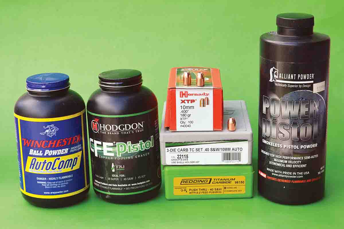 Winchester AutoComp, Hodgdon CFE Pistol and Alliant Power Pistol powders are top choices for loading the Hornady 180-grain XTP bullet in the 40 S&W.